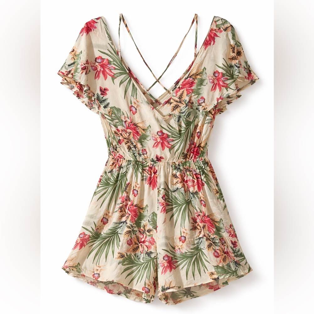 Floral Print Romper with Ruffle Sleeves